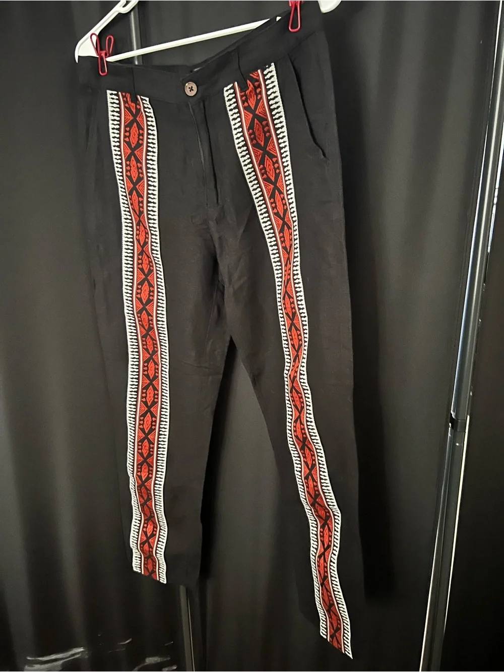 Zara Black Linen Pants with Red & White Tribal Front Stripes
